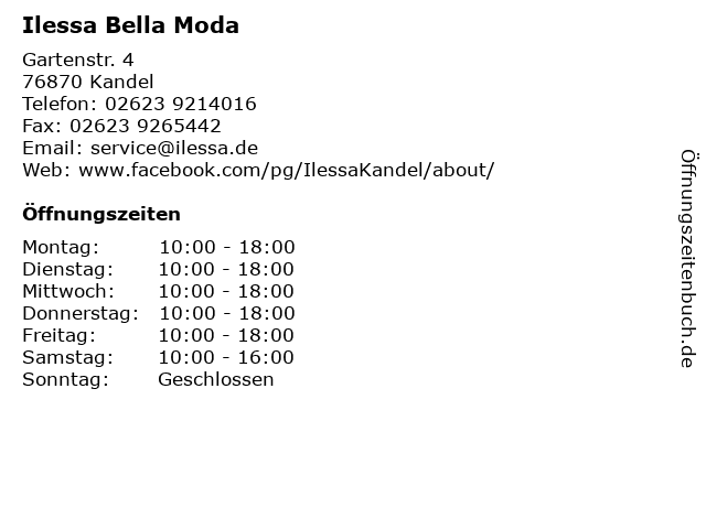 bund Parasit klo ᐅ Öffnungszeiten „Ilessa Bella Moda“ | Gartenstr. 4 in Kandel