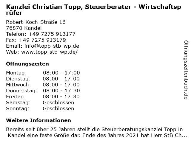 Steuerberatungskanzlei Christian Topp in Kandel: Adresse und Öffnungszeiten