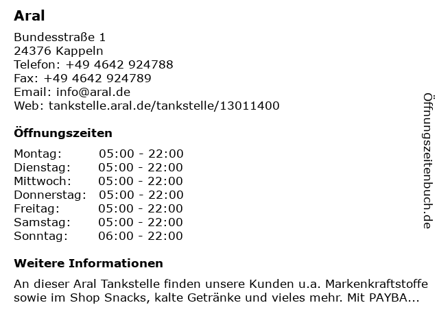 ᐅ Öffnungszeiten „Aral“ | Bundesstraße 1 in Kappeln