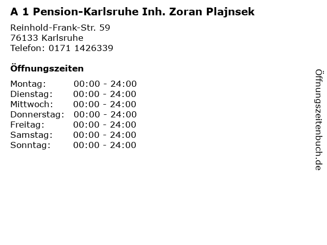 A 1 Pension-Karlsruhe Inh. Zoran Plajnsek in Karlsruhe: Adresse und Öffnungszeiten