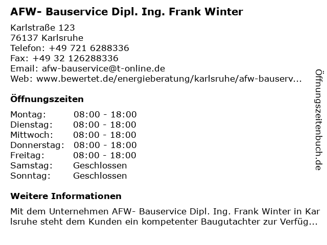 AFW- Bauservice Dipl. Ing. Frank Winter in Karlsruhe: Adresse und Öffnungszeiten