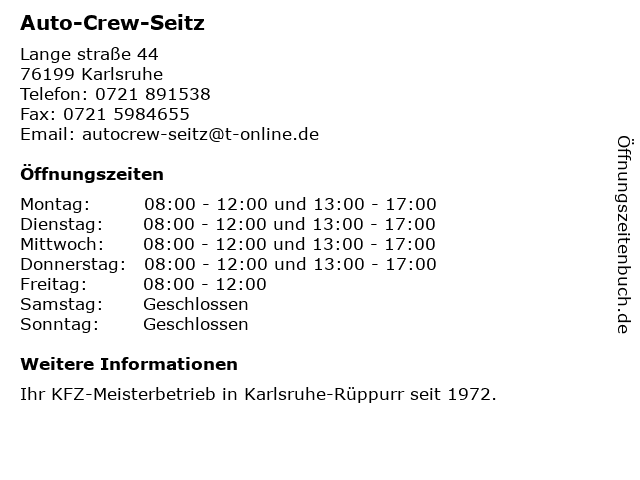 Auto-Crew-Seitz in Karlsruhe: Adresse und Öffnungszeiten