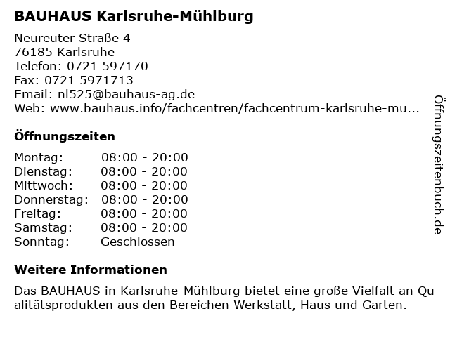 BAUHAUS Karlsruhe-Mühlburg in Karlsruhe: Adresse und Öffnungszeiten