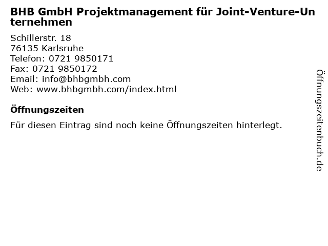 BHB GmbH Projektmanagement für Joint-Venture-Unternehmen in Karlsruhe: Adresse und Öffnungszeiten