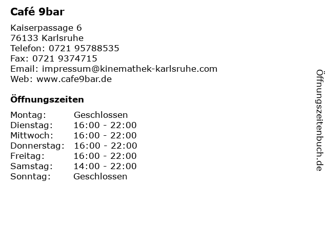 Café 9bar in Karlsruhe: Adresse und Öffnungszeiten