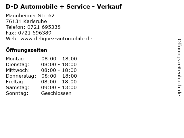 D-D Automobile + Service - Verkauf in Karlsruhe: Adresse und Öffnungszeiten