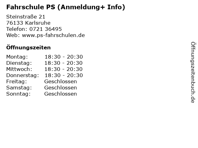 Fahrschule PS (Anmeldung+ Info) in Karlsruhe: Adresse und Öffnungszeiten