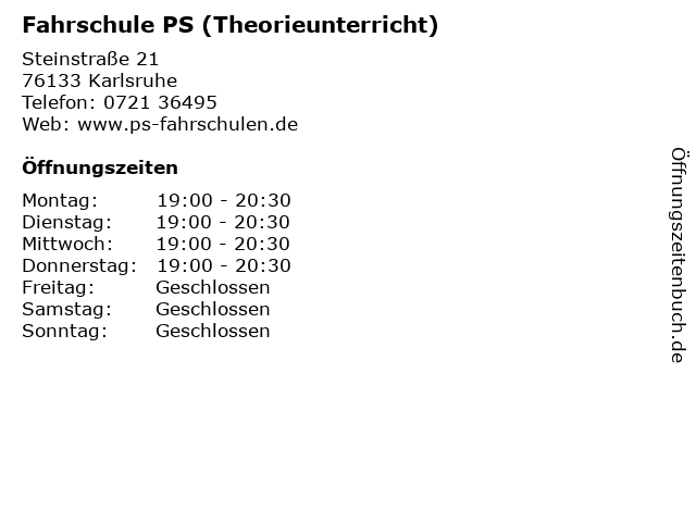 Fahrschule PS (Theorieunterricht) in Karlsruhe: Adresse und Öffnungszeiten