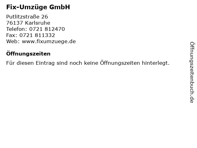 Fix-Umzüge GmbH in Karlsruhe: Adresse und Öffnungszeiten