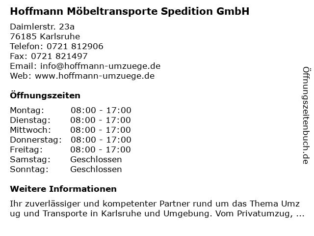 Hoffmann Möbeltransporte Spedition GmbH in Karlsruhe: Adresse und Öffnungszeiten