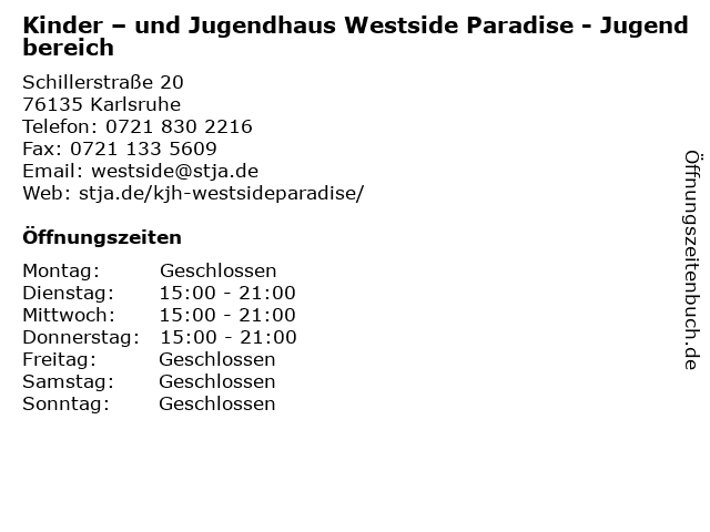Kinder – und Jugendhaus Westside Paradise - Jugendbereich in Karlsruhe: Adresse und Öffnungszeiten