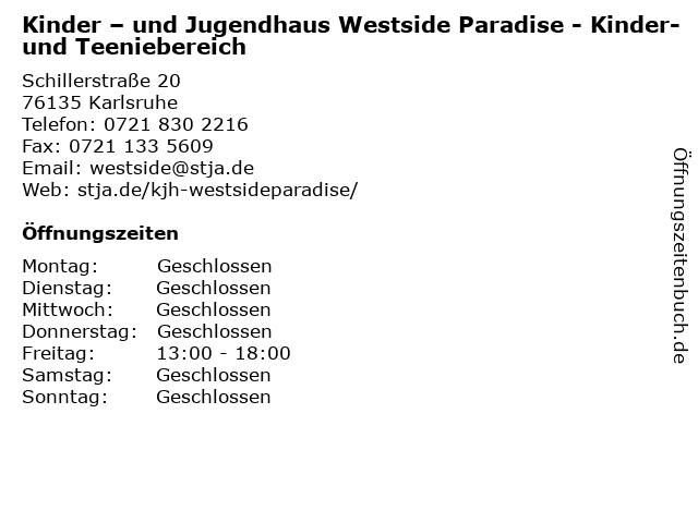 Kinder – und Jugendhaus Westside Paradise - Kinder- und Teeniebereich in Karlsruhe: Adresse und Öffnungszeiten