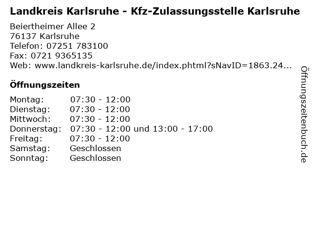 Landkreis Karlsruhe - Kfz-Zulassungsstelle Karlsruhe in Karlsruhe: Adresse und Öffnungszeiten