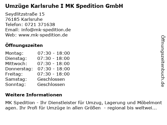 MK Spedition in Karlsruhe: Adresse und Öffnungszeiten