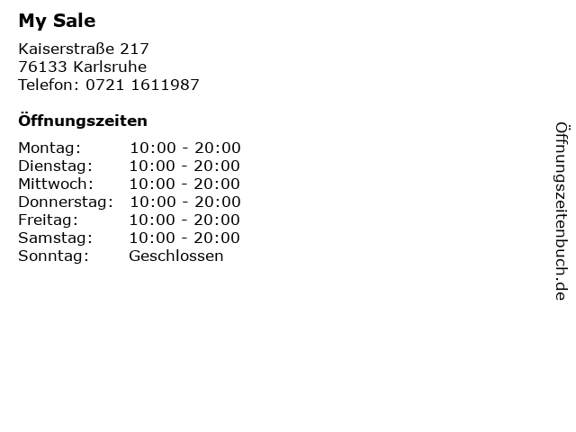 My Sale in Karlsruhe: Adresse und Öffnungszeiten