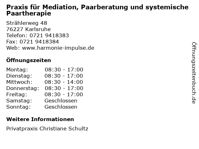 Praxis für Mediation, Paarberatung und systemische Paartherapie in Karlsruhe: Adresse und Öffnungszeiten