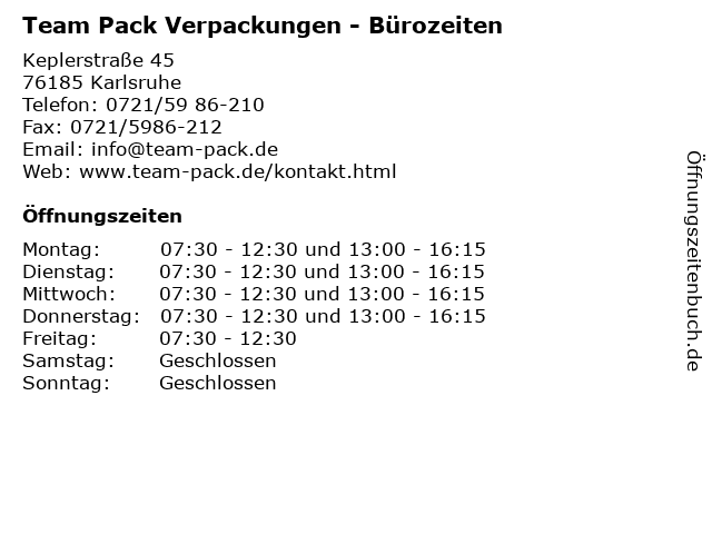 Team Pack Verpackungen - Bürozeiten in Karlsruhe: Adresse und Öffnungszeiten