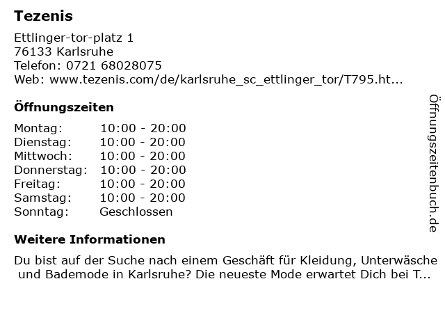 ᐅ Öffnungszeiten „Tezenis“ | Ettlinger-tor-platz 1 in Karlsruhe
