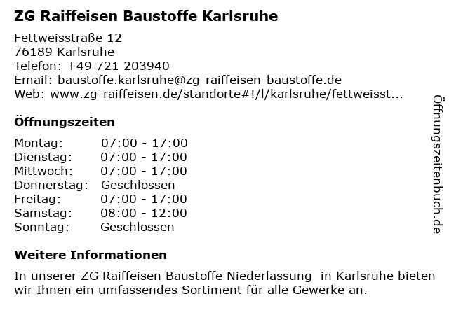 ZG Raiffeisen Baustoffe Karlsruhe in Karlsruhe: Adresse und Öffnungszeiten