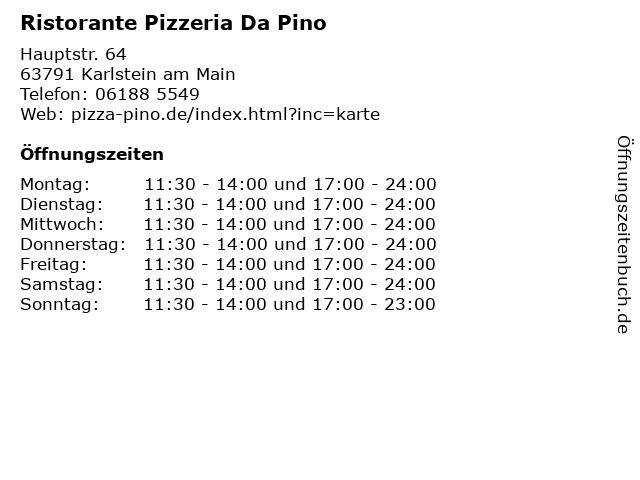 Ristorante Pizzeria Da Pino in Karlstein am Main: Adresse und Öffnungszeiten