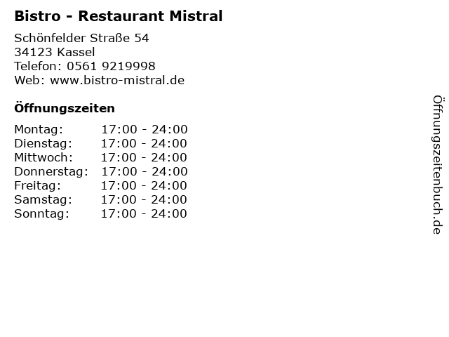 Bistro - Restaurant Mistral in Kassel: Adresse und Öffnungszeiten
