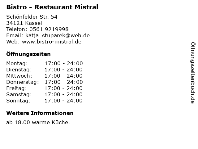 Bistro - Restaurant Mistral in Kassel: Adresse und Öffnungszeiten