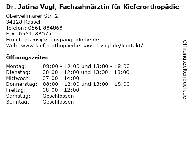 Dr. Jatina Vogl, Fachzahnärztin für Kieferorthopädie in Kassel: Adresse und Öffnungszeiten
