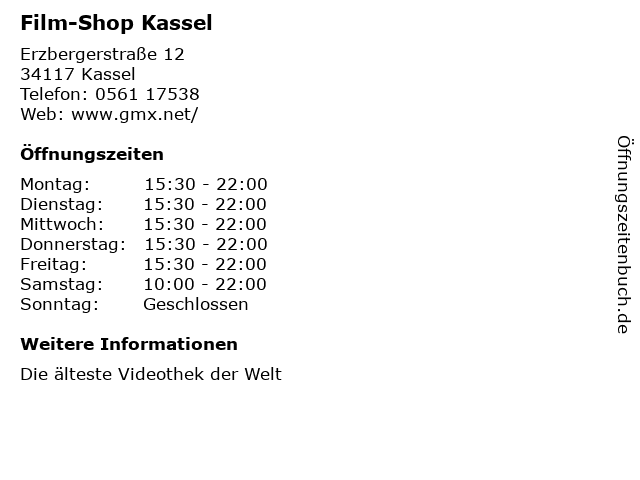 Film-Shop Kassel in Kassel: Adresse und Öffnungszeiten
