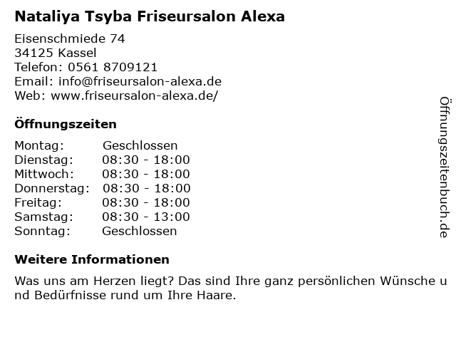 ᐅ Offnungszeiten Friseursalon Alexa Eisenschmiede 74 In Kassel