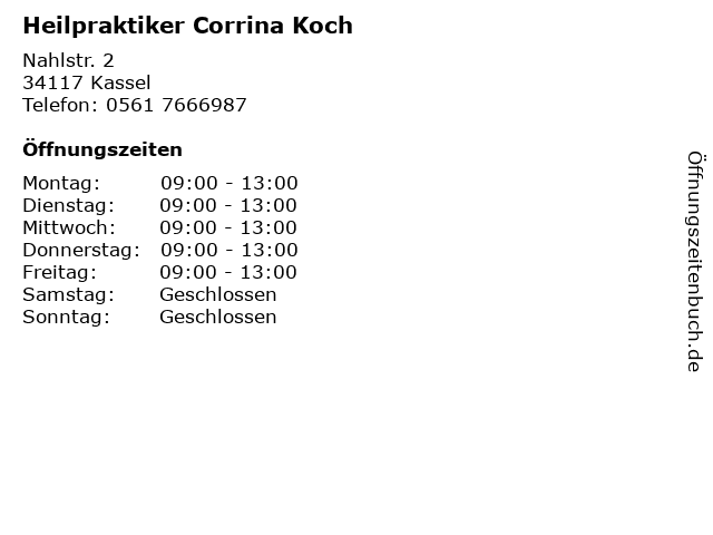 Heilpraktiker Corrina Koch in Kassel: Adresse und Öffnungszeiten