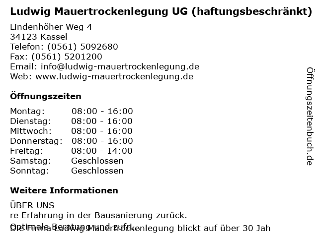 Ludwig Mauertrockenlegung UG (haftungsbeschränkt) in Kassel: Adresse und Öffnungszeiten