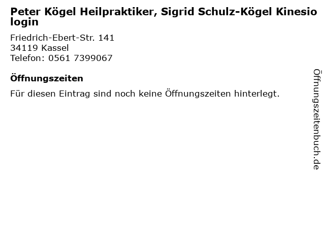 Peter Kögel Heilpraktiker, Sigrid Schulz-Kögel Kinesiologin in Kassel: Adresse und Öffnungszeiten