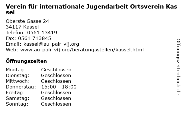 Verein für internationale Jugendarbeit Ortsverein Kassel in Kassel: Adresse und Öffnungszeiten