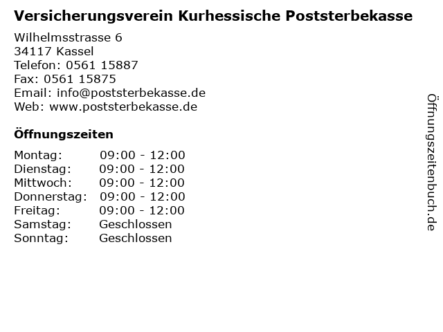 Versicherungsverein Kurhessische Poststerbekasse in Kassel: Adresse und Öffnungszeiten
