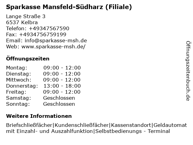 ᐅ Offnungszeiten Sparkasse Mansfeld Sudharz Filiale Kelbra Kasse Lange Strasse 3 In Kelbra
