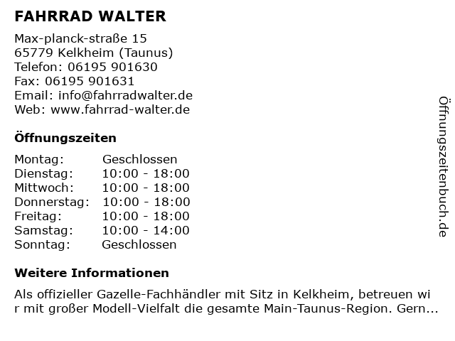 FAHRRAD WALTER in Kelkheim (Taunus): Adresse und Öffnungszeiten