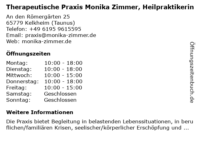 Therapeutische Praxis Monika Zimmer, Heilpraktikerin in Kelkheim (Taunus): Adresse und Öffnungszeiten