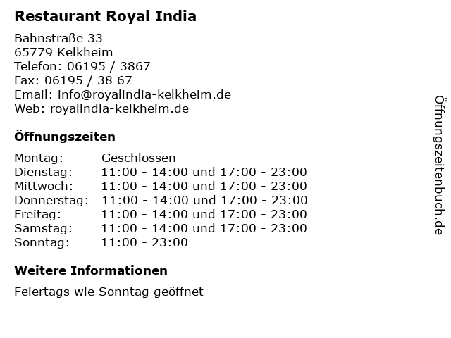 Restaurant Royal India in Kelkheim: Adresse und Öffnungszeiten
