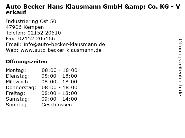 ᐅ Offnungszeiten Auto Becker Klausmann Gmbh Co Kg Verkauf Industriering Ost 50 In Kempen