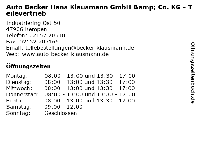 ᐅ Offnungszeiten Auto Becker Klausmann Gmbh Co Kg Teilevertrieb Industriering Ost 50 In Kempen