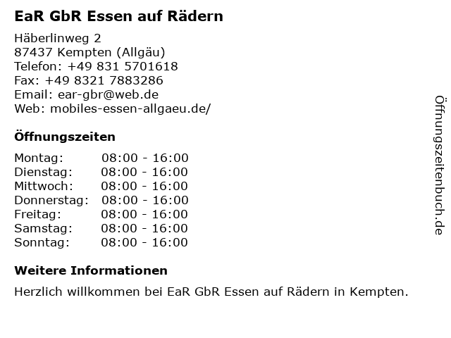 EaR GbR Essen auf Rädern in Kempten (Allgäu): Adresse und Öffnungszeiten