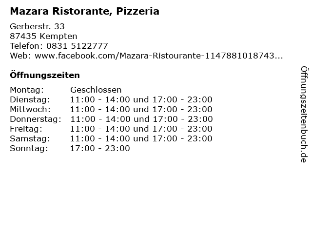 Mazara Ristorante, Pizzeria in Kempten: Adresse und Öffnungszeiten