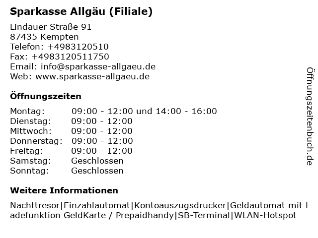 ᐅ Offnungszeiten Sparkasse Allgau Filiale Kempten West Indauer Str 91 In Kempten