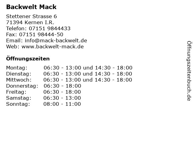 Backwelt Mack in Kernen I.R.: Adresse und Öffnungszeiten