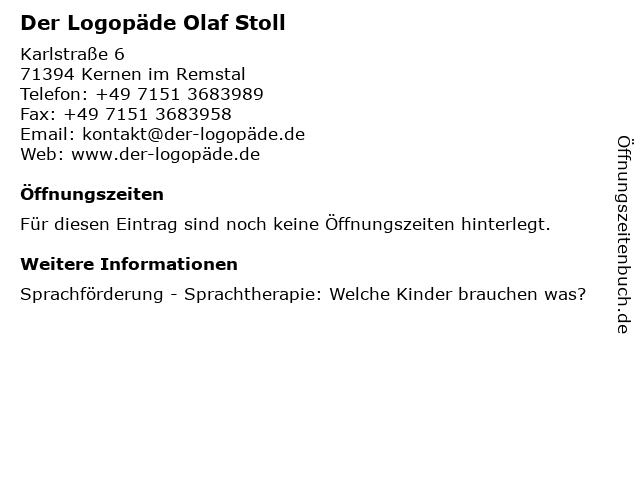 Der Logopäde Olaf Stoll in Kernen im Remstal: Adresse und Öffnungszeiten