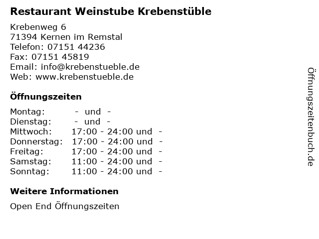 Restaurant Weinstube Krebenstüble in Kernen im Remstal: Adresse und Öffnungszeiten