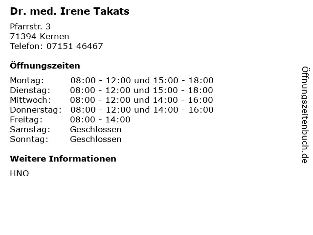 Dr. med. Irene Takats in Kernen: Adresse und Öffnungszeiten