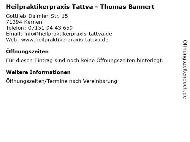 Heilpraktikerpraxis Tattva - Thomas Bannert in Kernen: Adresse und Öffnungszeiten