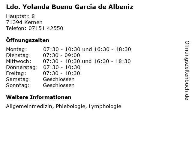 Ldo. Yolanda Bueno Garcia de Albeniz in Kernen: Adresse und Öffnungszeiten