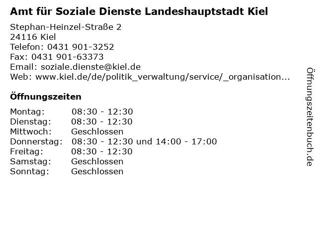 Amt für Soziale Dienste Landeshauptstadt Kiel in Kiel: Adresse und Öffnungszeiten